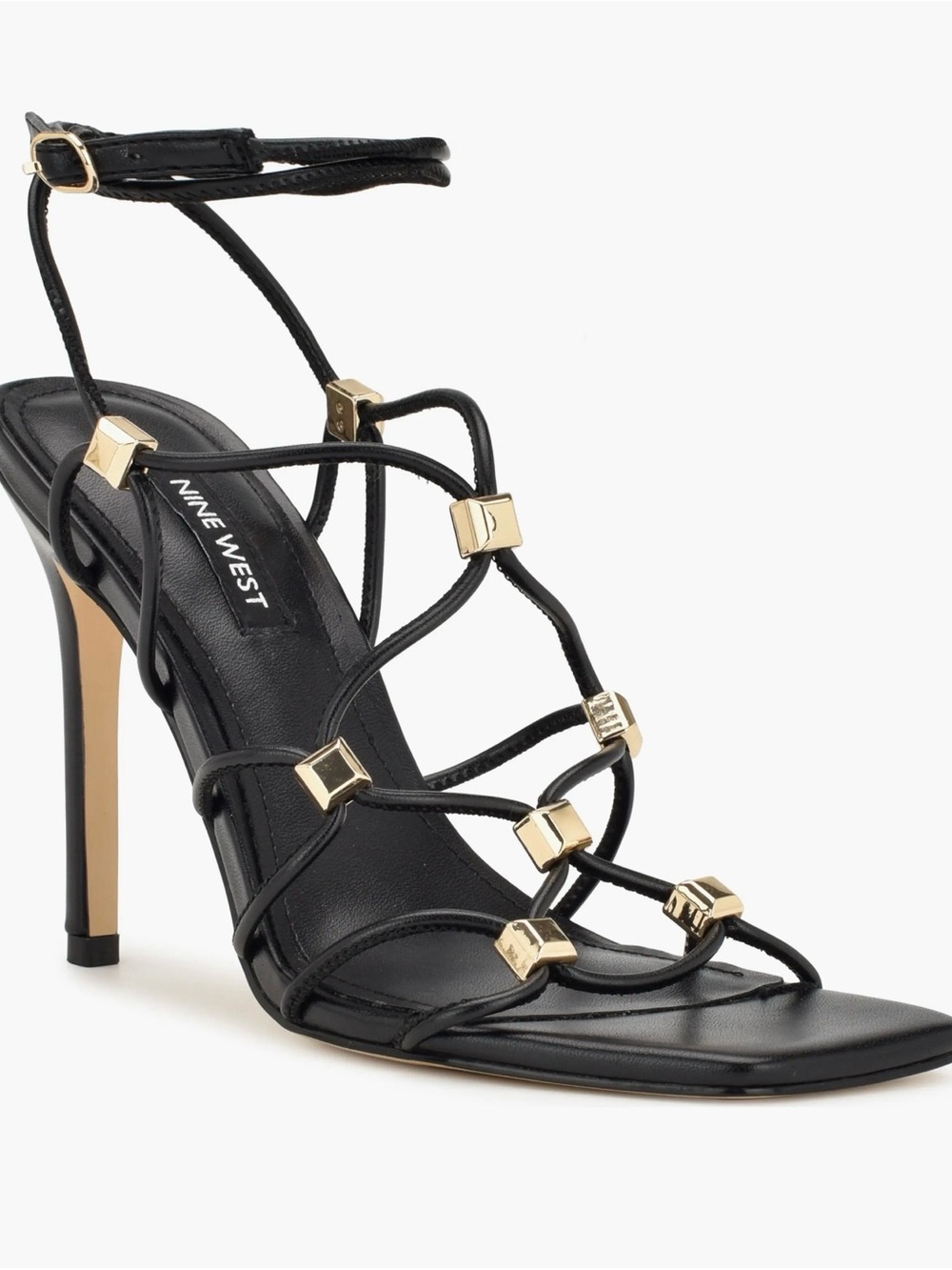 Nine West Tenor 3 Black Strappy Sandals with Gold Cube Accents